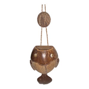Vintage Fish Shaped Carved Coconut Shell Hanging Planter Hawaiian Tiki Jute Rope Hanger Air Plant