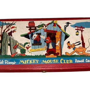 RARO astuccio portapenne vintage Walt Disney Mickey Mouse Club con contenuto Davy Crockett Matite Pastelli Righello Compasso Matite Anni '60