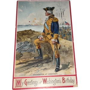Carte postale George Washington Birthday Greetings at Yorktown vintage antique des années 1900