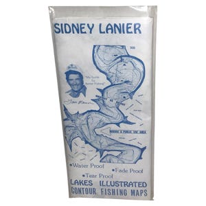 Mapa ilustrado de los lagos de Tom Mann y Sidney Lanier, de 1977, con señuelos de pesca, cebos y aparejos, arte mural, pescador, navegante, náutico, Georgia.