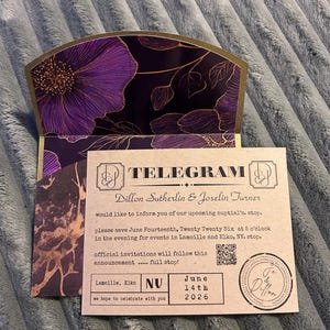 May include: A wedding announcement card with a floral design. The card is a dark purple with gold accents and features the text "TELEGRAM" and the names Dillon Sutherlin & Joselin Turner. The announcement includes the date June 14th, 2026.