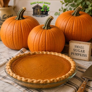 May include: An autumn-themed image featuring three bright orange pumpkins with green stems, a pumpkin pie in a glass dish, and a wooden sign that reads "Small Sugar Pumpkins". The pumpkins are on a white surface.