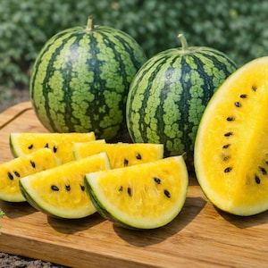 May include: Two green and yellow striped watermelons, one sliced to reveal bright yellow flesh with black seeds. Several yellow watermelon slices are arranged on a wooden cutting board. The image is taken outdoors.
