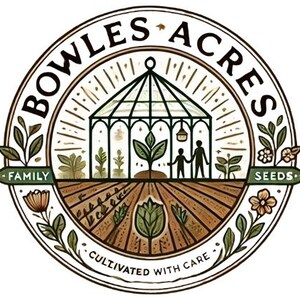 May include: Circular logo for Bowles Acres Seeds, featuring a greenhouse, family silhouettes, and botanical illustrations. The design includes the text "Bowles Acres Seeds," "Family," and "Cultivated with Care."