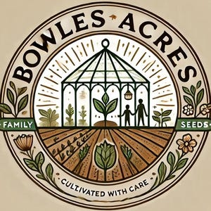 Pu&ograve; includere: Logo circolare con il testo "BOWLES ACRES" e "SEEDS" in marrone. Il logo presenta una serra, una silhouette familiare e le parole "FAMILY" e "CULTIVATED WITH CARE" su banner verdi. Il design include illustrazioni floreali e vegetali.