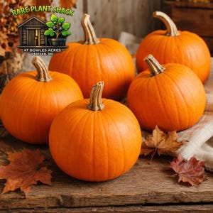 May include: Four round orange pumpkins with woody stems arranged on a wooden surface with scattered dried maple leaves. A logo in the upper left corner features a small shed and a potted plant with the text RARE PLANT SHACK AT BOWLES ACRES DRAYDEN, MD.