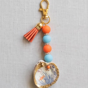 Natural Shell Keychain, Purse Charm with Orange and blue beads , ocean inspired