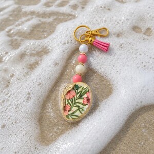 Decoupage Shell Keychain Purse Charm with Pink Tassel, Seaside Floral Beads