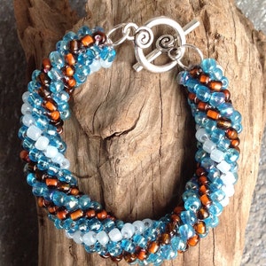 Crochet rope bracelet, blues and brown glass bead bracelet, beaded rope bracelet, crochet beaded bracelet, crochet bracelet
