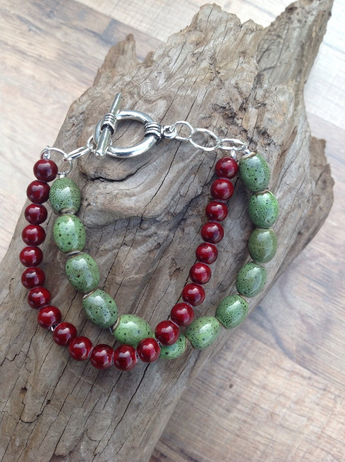 Double Strand Bracelet Beaded Red and Green Bracelet Beaded Etsy