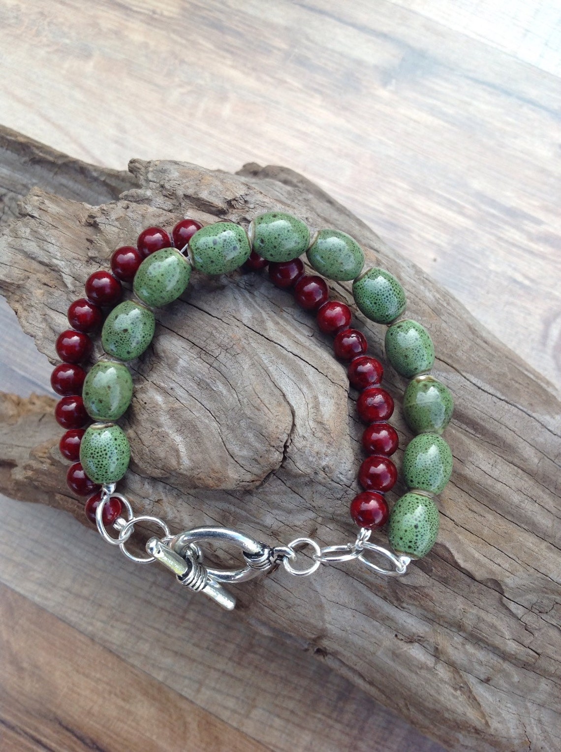Double Strand Bracelet Beaded Red and Green Bracelet Beaded Etsy
