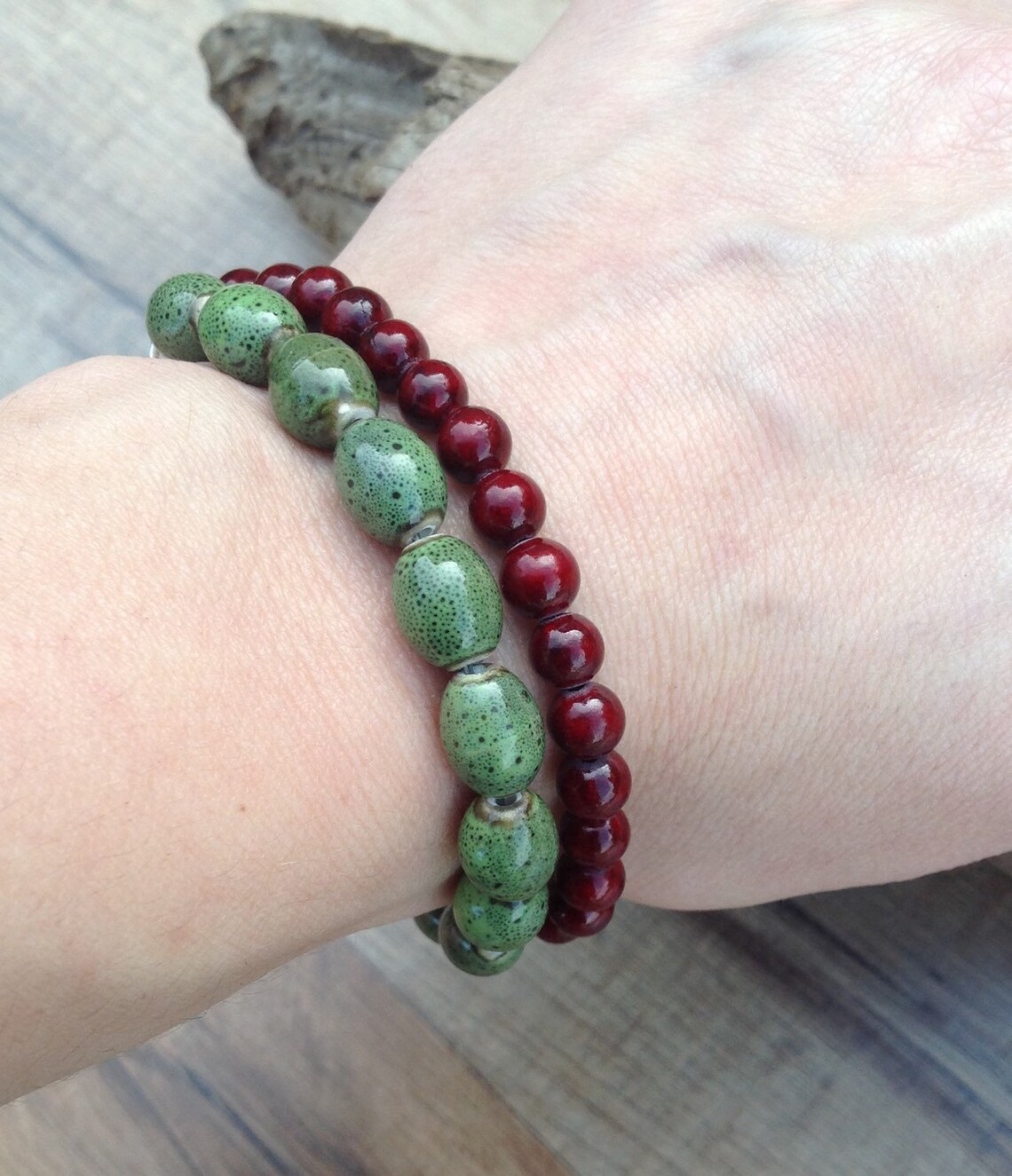 Double Strand Bracelet Beaded Red and Green Bracelet Beaded Etsy