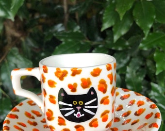 Espresso cup, black cat, leopard print