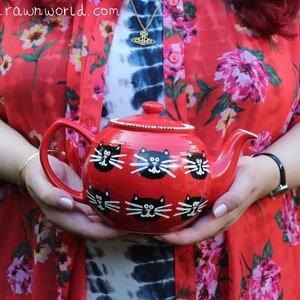 Cat teapot, large teapot, red teapot, tea lovers, cat lovers, black cat, Halloween gifts image 1