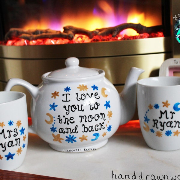 Tea set, moon and stars, personalised teapot, constellation, teapot personalised, couple gifts, anniversary gifts, wedding gifts, Mr and Mrs