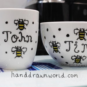 Gepersonaliseerde mok, gepersonaliseerde kom, stippen, bijentheepot, bijenmok, gepersonaliseerde geschenken, kop en schotel, tuingeschenken, ontbijtset