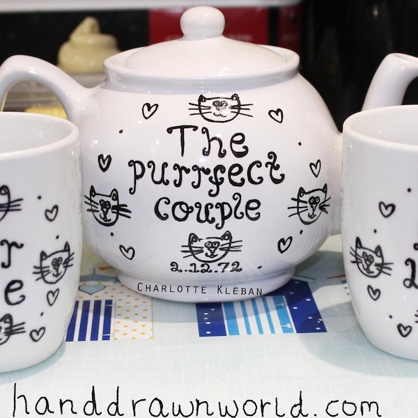 Personalised tea set, cat lovers, Mr and Mrs, wedding gifts, couple gifts, personalised teapot, teapot personalised, customised gifts, tea