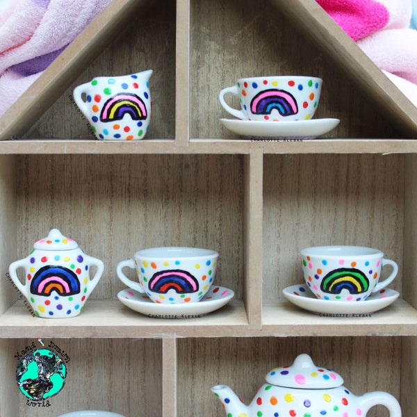 Children's tea set, kid's tea set, porcelain, teapot, polka dots, rainbow, personalised gifts, miniature tea set, play tea set