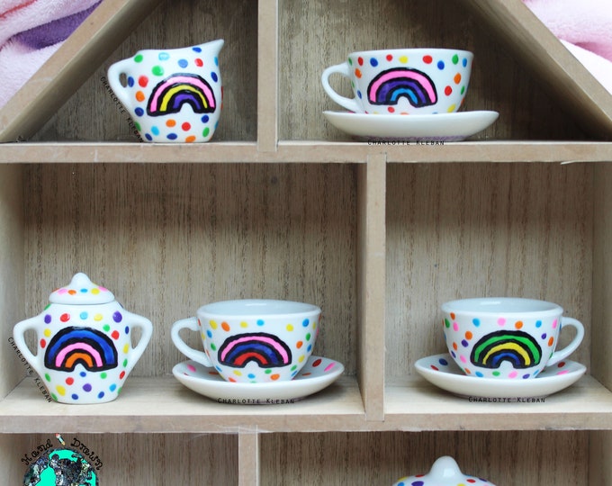 Children's tea set, kid's tea set, porcelain, teapot, polka dots, rainbow, personalised gifts, miniature tea set, play tea set