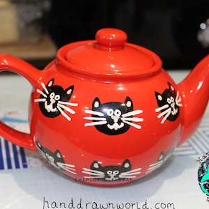 Cat teapot, large teapot, red teapot, tea lovers, cat lovers, black cat, Halloween gifts image 3