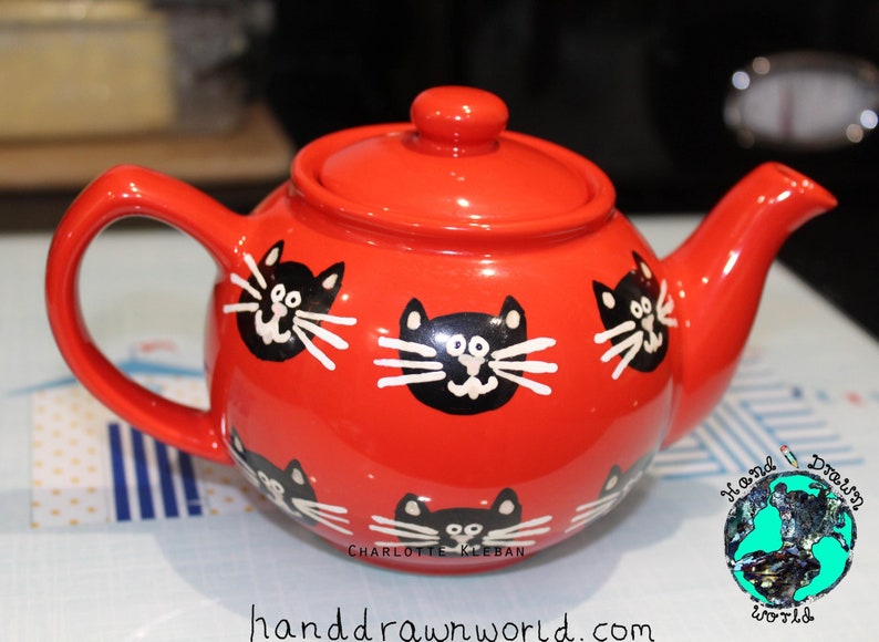 Cat teapot, large teapot, red teapot, tea lovers, cat lovers, black cat, Halloween gifts image 3