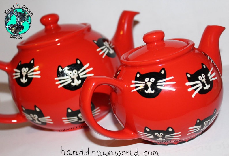 Cat teapot, large teapot, red teapot, tea lovers, cat lovers, black cat, Halloween gifts image 2