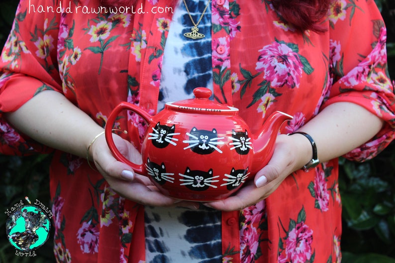 Cat teapot, large teapot, red teapot, tea lovers, cat lovers, black cat, Halloween gifts image 1