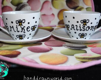 Personalised tea cups, bees, bee lovers, Mr and Mrs, polka dots, wedding gifts, couple gifts