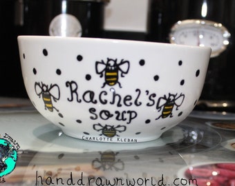 Personalised bowl, bees, bee, bee lovers, gardening, gardening lovers, flower lovers, gardening, cereal bowl, soup bowl, porridge bowl