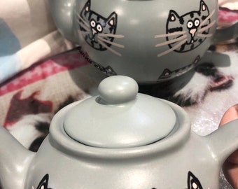 Grey teapot, cat lovers, tabby cat, teapot personalised