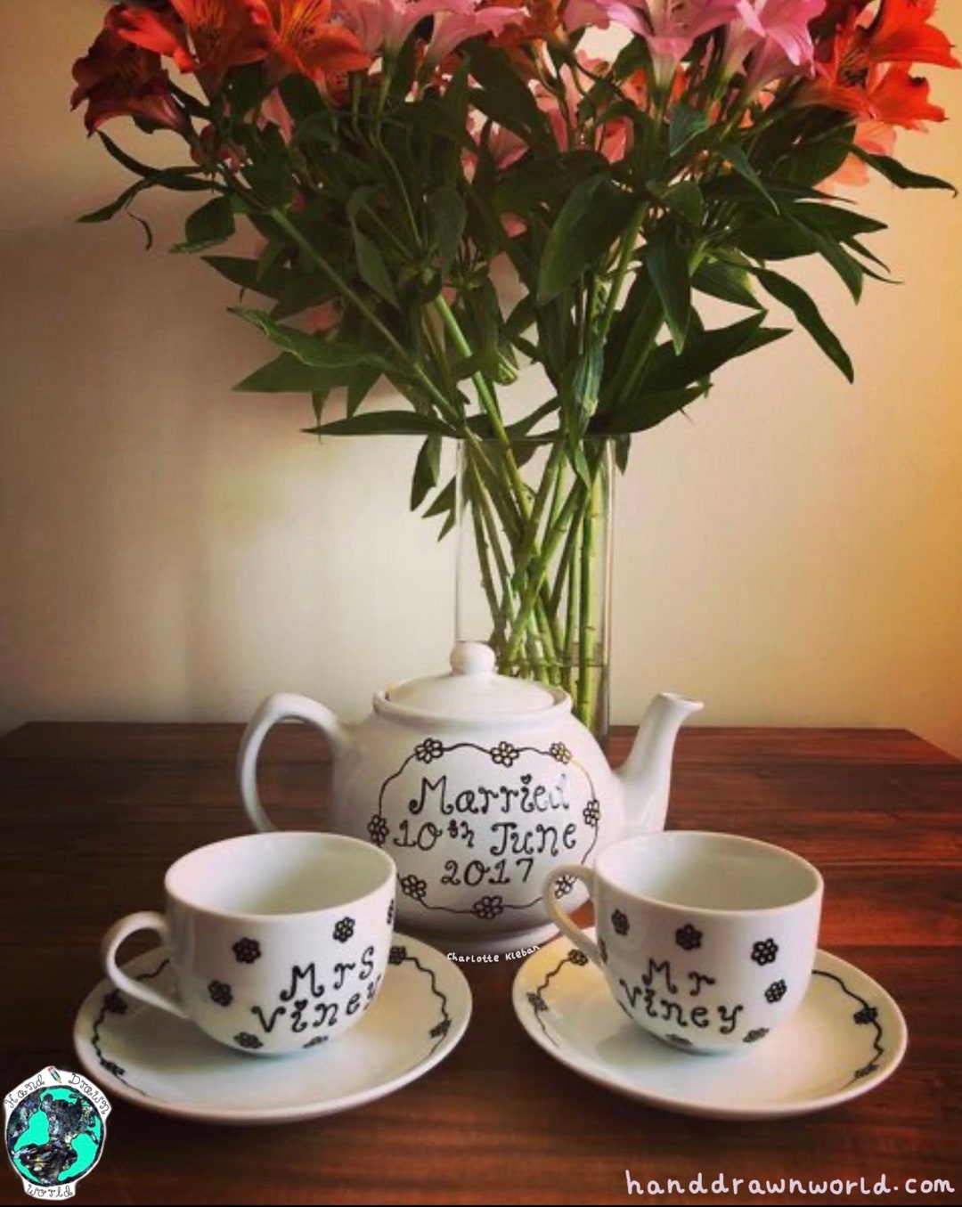 Personalised Teapot and Cup and Saucer, Wedding Teapot, Hand Drawn, Wedding Gifts, Wedding
