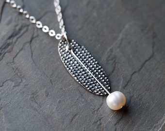 Rustic pearl and silver necklace, darkly oxidized and textured