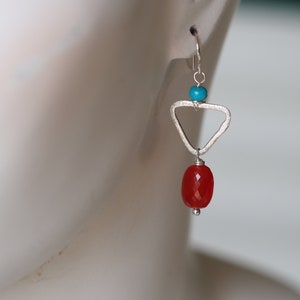 Colorful carnelian statement earrings / red-orange carnelian, turquoise, and sterling silver image 3