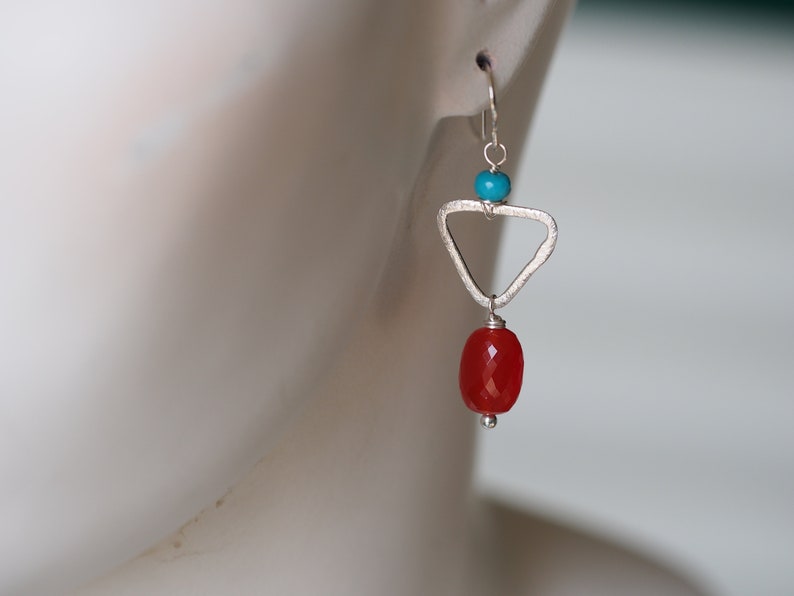 Colorful carnelian statement earrings / red-orange carnelian, turquoise, and sterling silver image 3