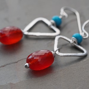 Colorful carnelian statement earrings / red-orange carnelian, turquoise, and sterling silver image 1