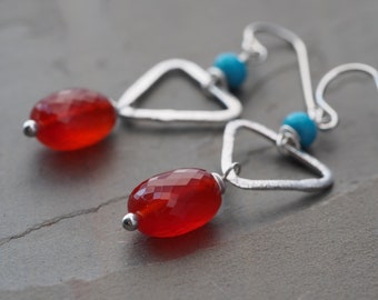 Colorful carnelian statement earrings / red-orange carnelian, turquoise, and sterling silver