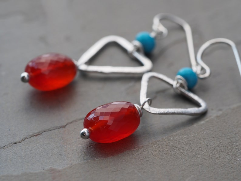 Colorful carnelian statement earrings / red-orange carnelian, turquoise, and sterling silver image 1