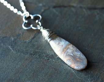 Lace agate necklace with sterling silver wire wrap and chain