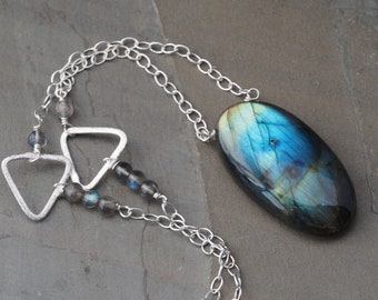 Long length labradorite statement necklace with sterling silver chain