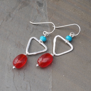 Colorful carnelian statement earrings / red-orange carnelian, turquoise, and sterling silver image 4