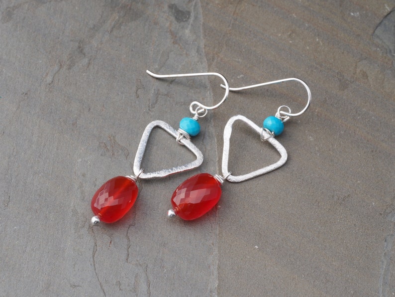 Colorful carnelian statement earrings / red-orange carnelian, turquoise, and sterling silver image 4