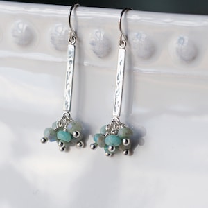 Long gemstone cluster earrings with aqua blue amazonite and sterling silver image 3