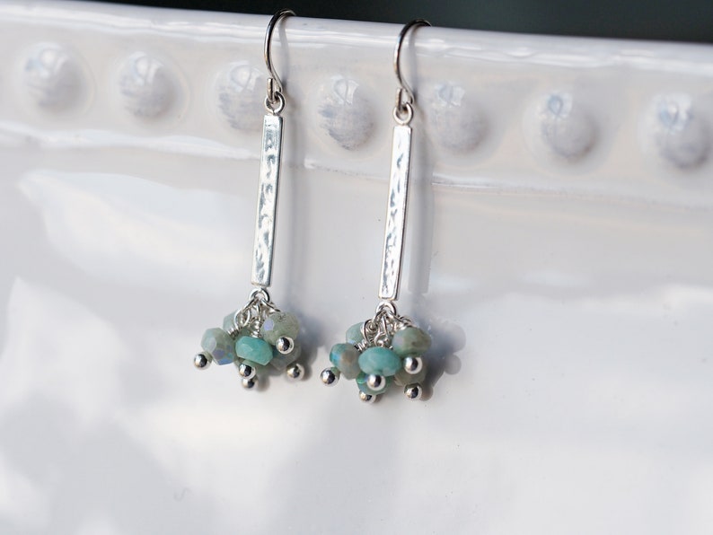 Long gemstone cluster earrings with aqua blue amazonite and sterling silver image 3