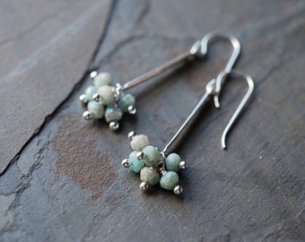 Long gemstone cluster earrings with aqua blue amazonite and sterling silver