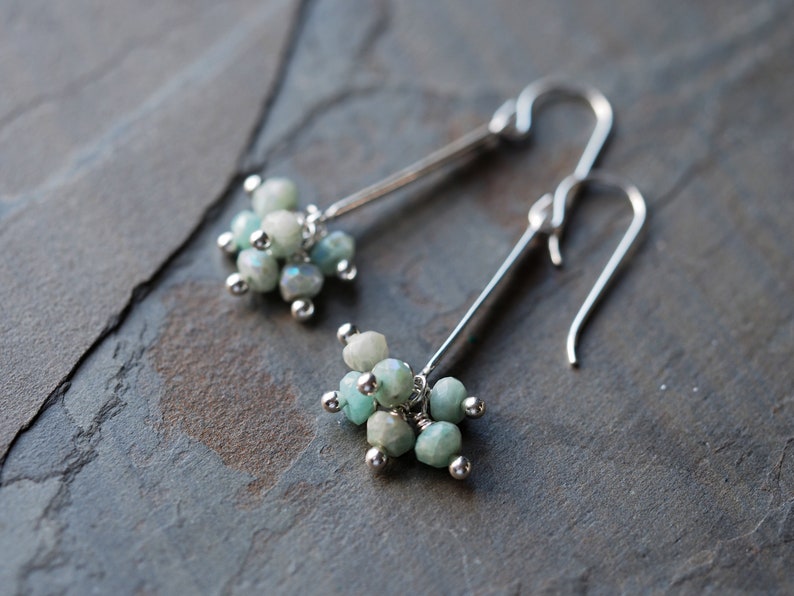 Long gemstone cluster earrings with aqua blue amazonite and sterling silver image 1