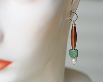 Long mixed metal earrings with copper, sterling silver, pearls, and turquoise