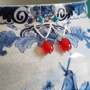 Colorful carnelian statement earrings / red-orange carnelian, turquoise, and sterling silver image 2