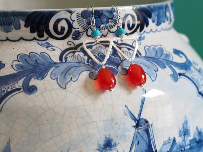 Colorful carnelian statement earrings / red-orange carnelian, turquoise, and sterling silver image 2