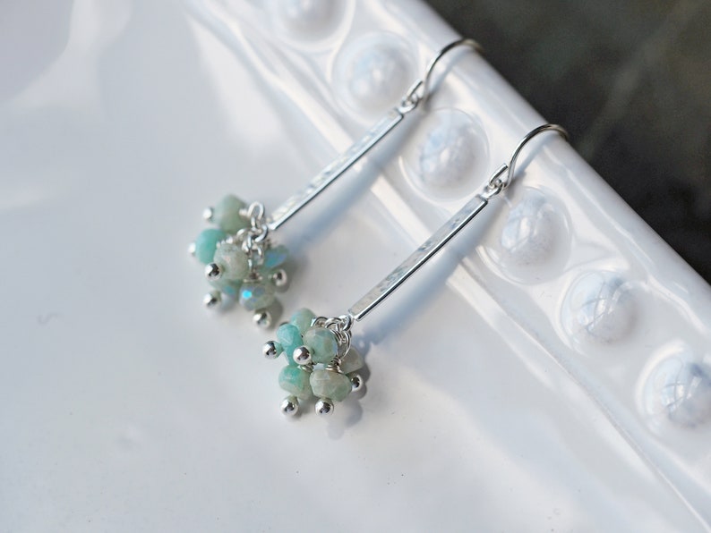 Long gemstone cluster earrings with aqua blue amazonite and sterling silver image 4