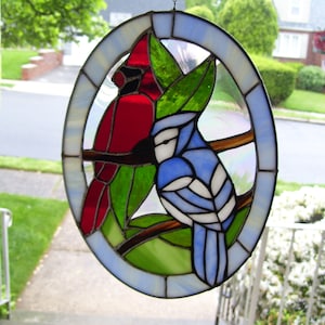 Stained Glass Cardinal & Blue Jay Sun catcher
